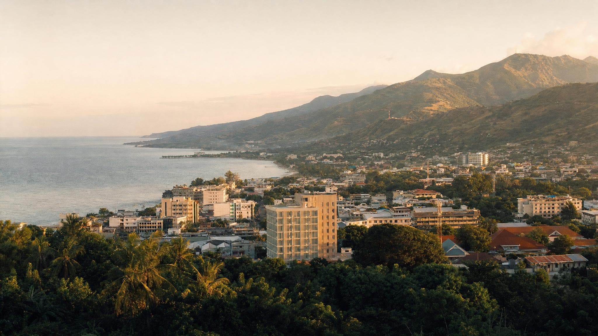 Wide view of Dili, Timor-Leste at golden hour — the coastal city sitting between the Timor Sea and the mountain ridge, the setting for foreign investment in one of Asia's newest economies.