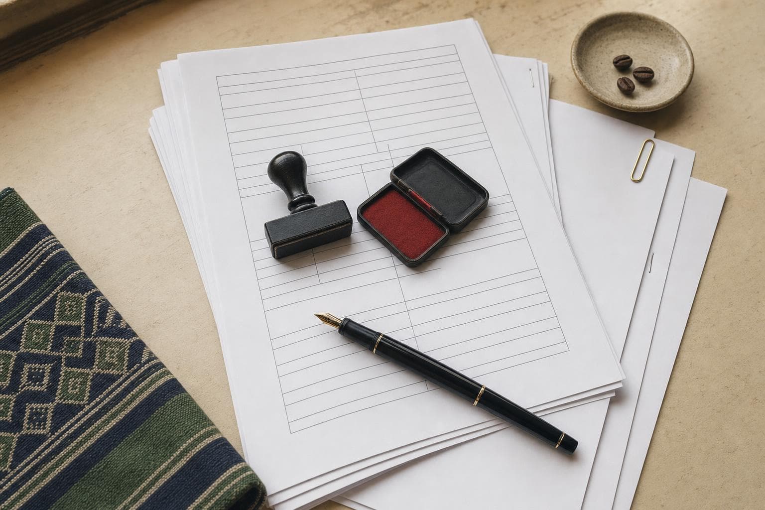 Top-down view of registration paperwork, a heavy black rubber-stamp, a small red ink-pad, a brass paper-clip and a corner of handwoven Timorese tais textile on a warm cream desk — the everyday rhythm of registering a new business through SERVE in Dili.